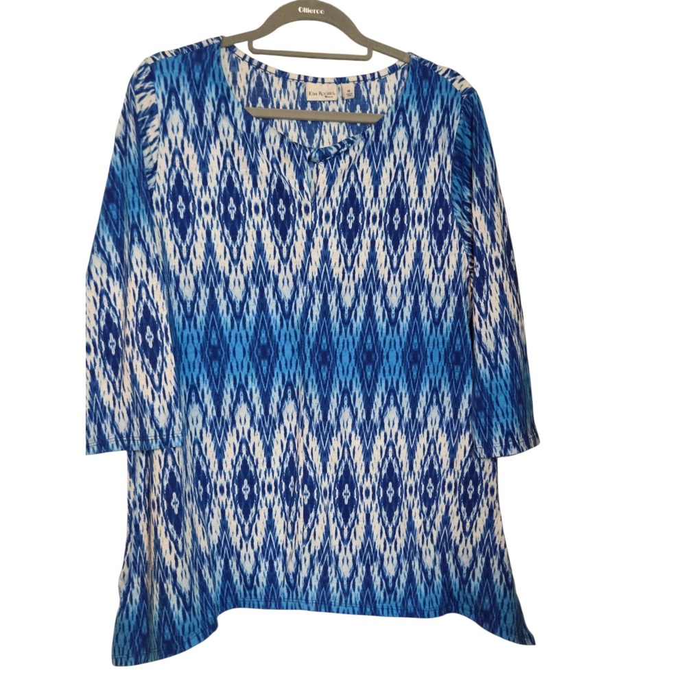 Kim Rogers Woman Blue White Ikat Print Tunic Top 3/4 Sleeve Plus Size 1X